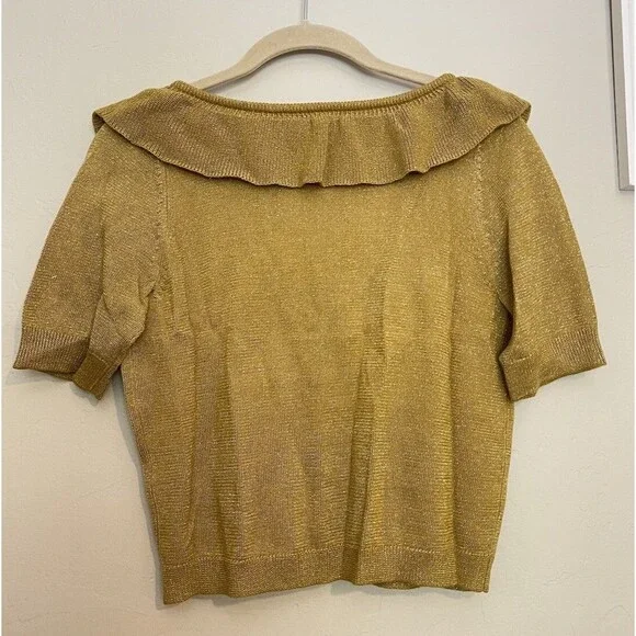 Lovers + Friends Blouse Ivy Crop Top Ruffle Trim Mustard Gold Size Small - Picture 4 of 4